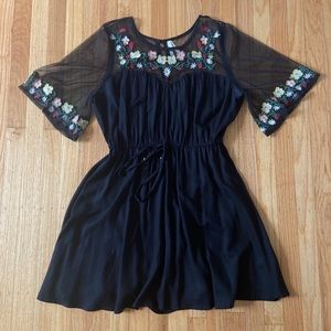 Black Embroidered and Mesh Mini Dress